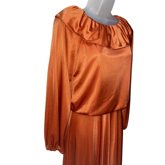 Vintage Handmade Gladys Burnt Orange Long Dress With Ruffle Collar & Elastic Cuf - Picture 4 of 8